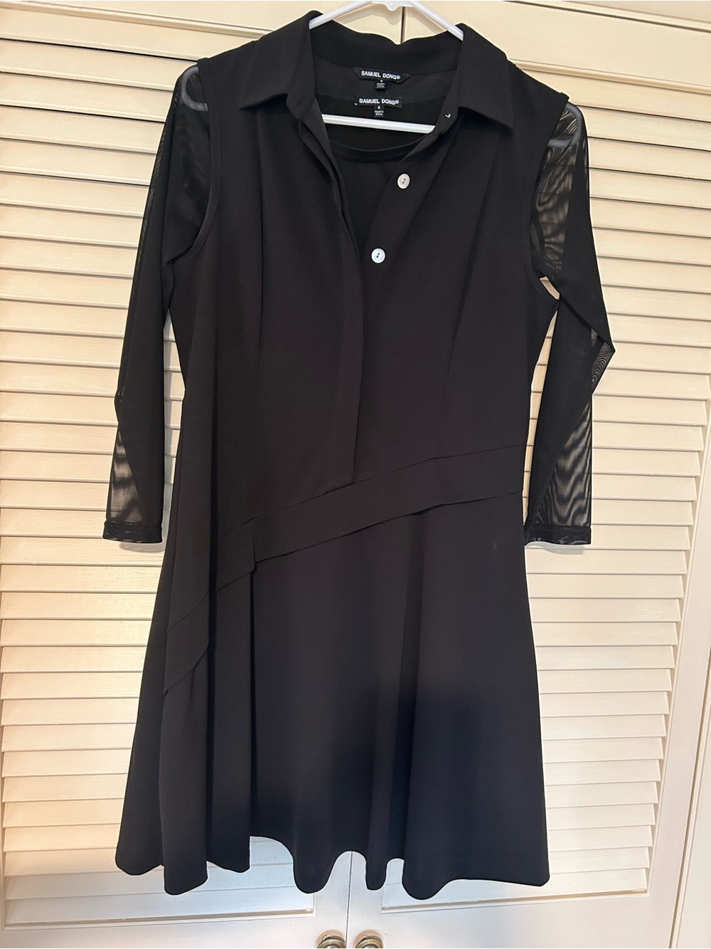 Samuel Dong Black Collared A-Line Dress with Sheer Sleeves